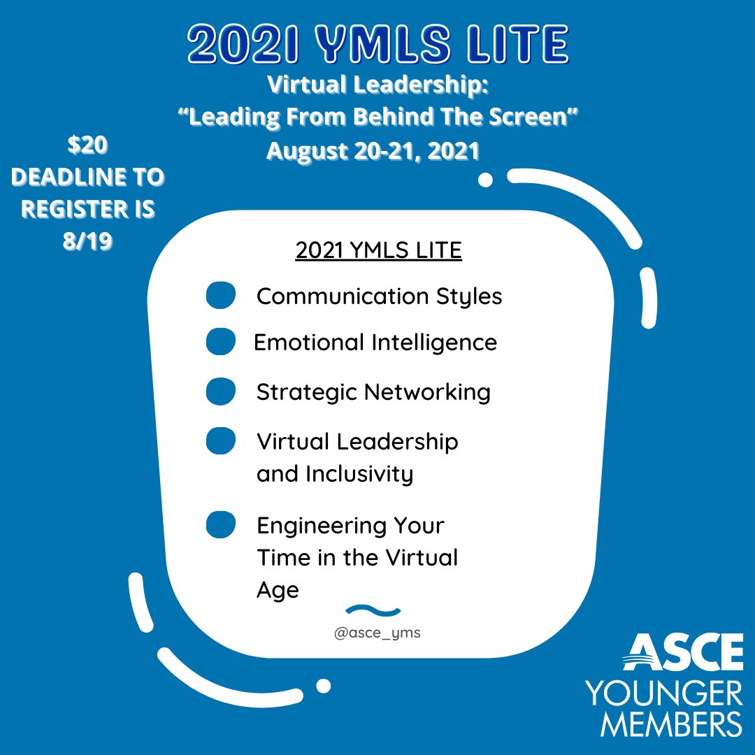 ASCE_YMS's tweet photo. 🚨THIS WEEKEND🚨 2021 Younger Member Leadership Symposium Lite! 👏🏽 #LinkBelow

https://t.co/V3cT9gccwE

Registration for the 2021 YMLS Lite has been EXTENDED! 🎉

Deadline to register is this Thursday, August 19, 2021! ⏰

#ASCEYMS #YoungerMembers #ASCEMadeMe #ASCE https://t.co/fbCKNXO2Uk