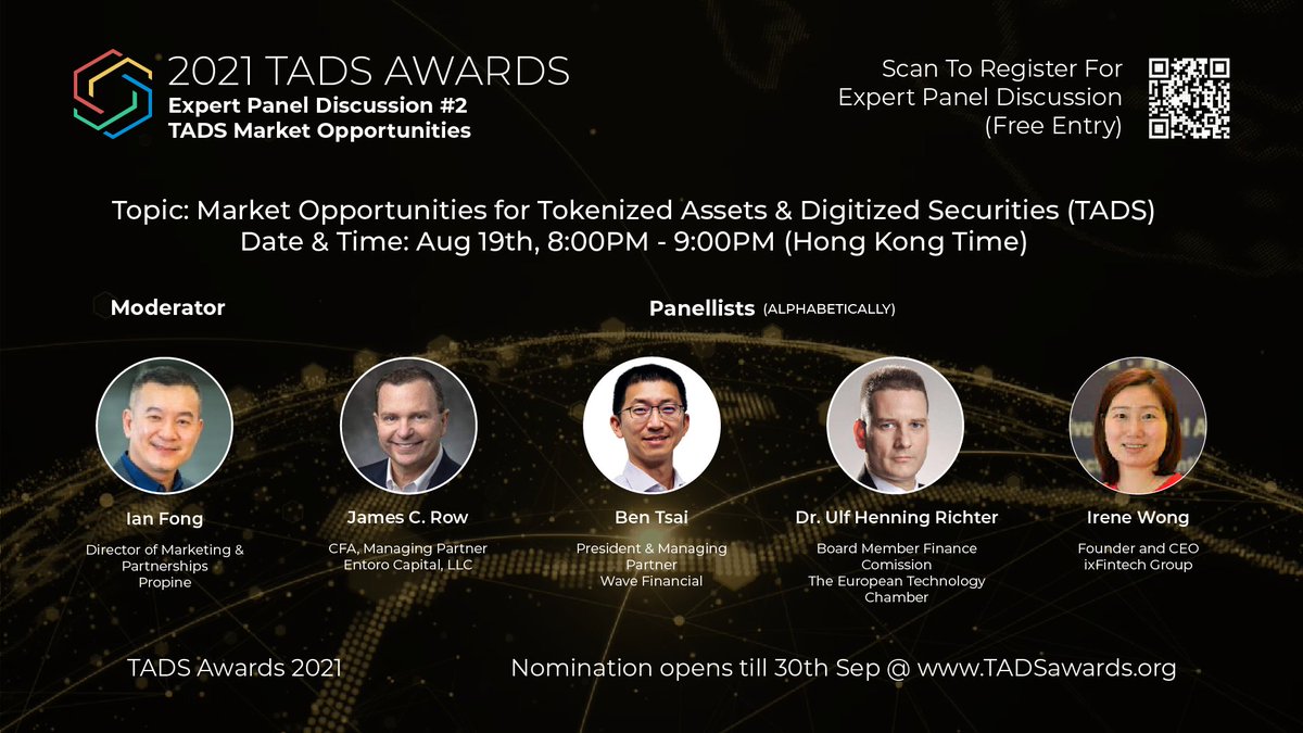 Register for the 2021 <a href="/TADSAwards/">TADS Awards</a> Expert Panel Discussion! Learn about tokenized assets and digitized securities featuring <a href="/wave_financial/">wave_financial</a>'s President and Co-Founder, Benjamin Tsai, on August 19th at 8:00pm HK / 8:00am ET!

eventbrite.hk/e/tads-awards-…