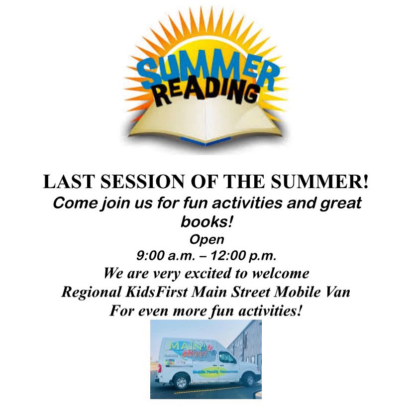 Tomorrow is our final library day for the summer. Regional Kids First will be there with some awesome activities for kids. Swing by and check it out <a href="/knollknights/">M.C. Knoll School</a>!