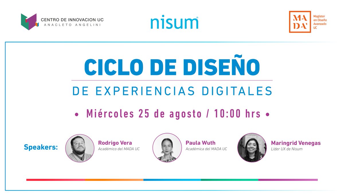 CentroinnovaUC's tweet photo. ¡Conversemos sobre diseño de experiencias digitales! Junto a @NisumChile y el @madapuc te invitamos a esta charla gratuita en la cual se abordará el tránsito del diseño desde el espacio físico al digital. 

Inscríbete en https://t.co/cCROFhvyIf https://t.co/oJwrOZxGJ5