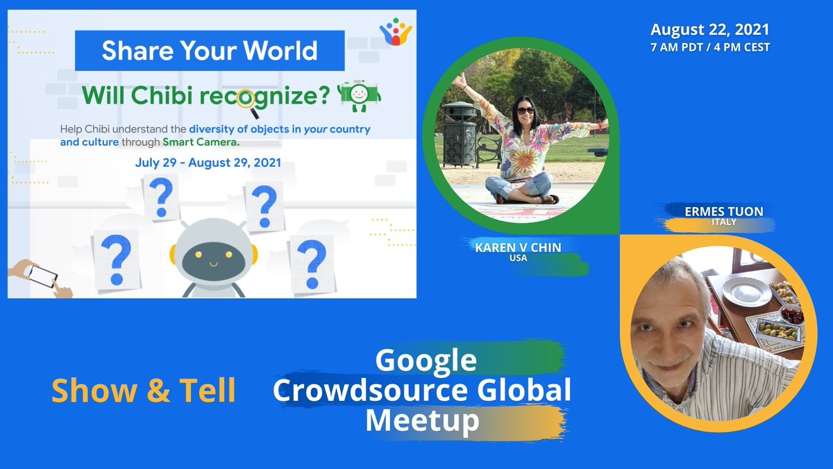 Many are spending LOTS of time adding  #shareyourworld" into the #googlecrowdsource App through Smart Camera. Let’s have some fun and get together for 90 minutes!
USA and Italy Crowdsource Influencers <a href="/IAMKarenVChin/">Karen V Chin</a>  and myself will be your hosts
RSVP here bit.ly/3g9mUmk