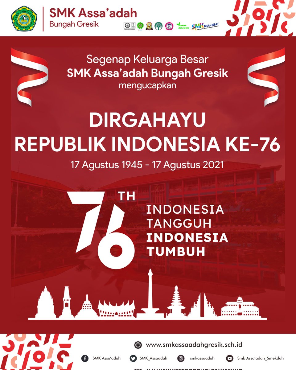 SMK_Assaadah's tweet photo. [ DIRGAHAYU REPUBLIK INDONESIA ]

Merdeka bukan momentum untuk berhenti berjuang, melainkan untuk menggaungkan kembali semangat berusaha. 

Dirgahayu Republik Indonesia 🇮🇩🇮🇩

#dirgahayuRI
#HUT76
#smk
#smkassaadah
#smkbisa
#smkhebat
#smkbisahebat
#yppqomaruddin
#pondokqomaruddin https://t.co/SnRnxqI7lZ