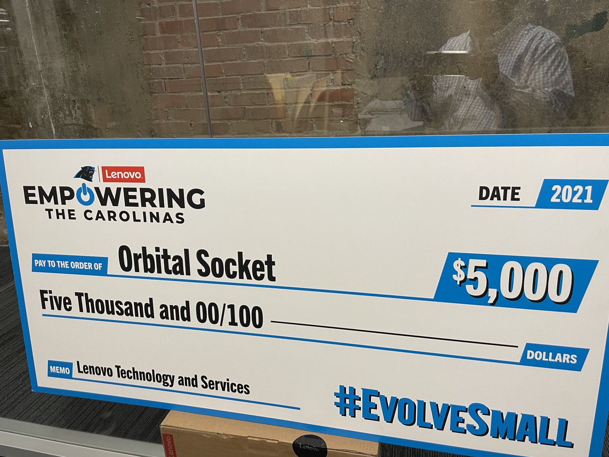 So this happened today.

Orbital Socket was selected as a finalist for the Panthers/Lenovo Small Business Award. We received a big check and some other things that will help us continue to grow. Thanks <a href="/Panthers/">Carolina Panthers</a> 
 and <a href="/Lenovo/">Lenovo</a>. #evolvesmall
