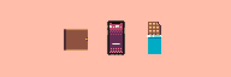 fennecfu's tweet photo. A #set of #ThingsYouNeed for @Pixel_Dailies so here is a wallet, a phone, and a bar of chocolate 🍫
Restriction: 32x32px per item.
#pixelart #pixel_dailies https://t.co/fhfuJ4tbsg