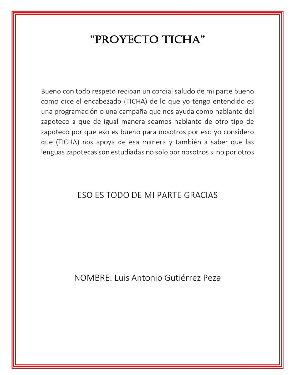 LuisAnt15144849's tweet photo. Mi opinión sobre el primer conversa torio ticha Gusidiganú Didxaza stinó
#UsaTuVoz zapotecocolonial #Tichaproject https://t.co/tt0ACJrrro