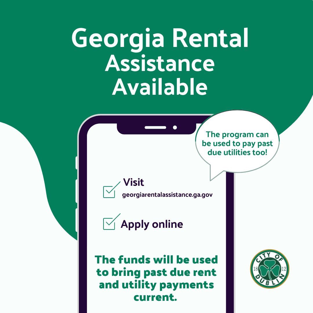 dublin_georgia's tweet photo. Help is available for past due rent &amp; utilities. @GA_DCA is administering the Georgia Rental Assistance Program which will distribute money directly to landlords, and eligible applicants will receive up to 12 months of payment relief. Apply:
https://t.co/e64AMgCMv5

#DublinGA https://t.co/wAFKlp3Rgl