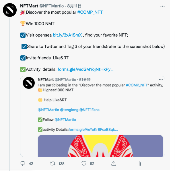 NFTMartio's tweet photo. 🎉"Discover the most popular #COMP_NFT" has ended

Fill out form https://t.co/RwluLfOwQQ

Follow @NFTMartio  Get more official event news https://t.co/muhNujIhRS