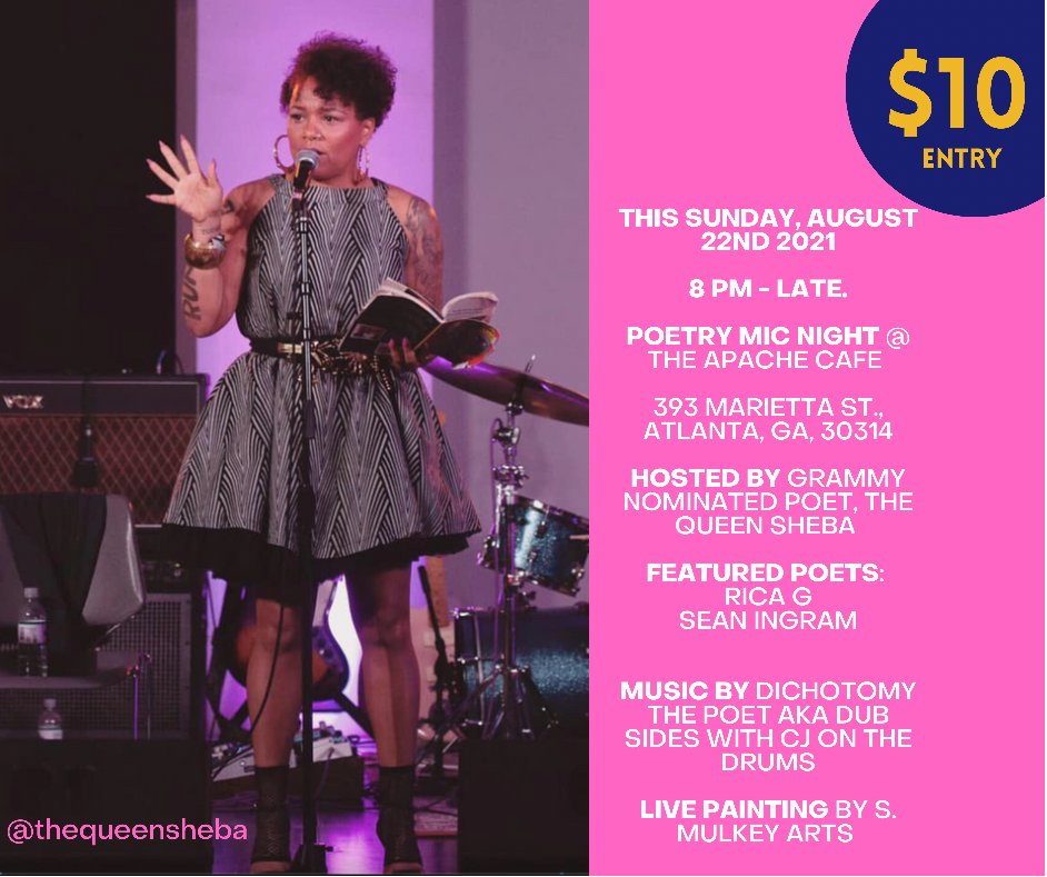 thequeensheba's tweet photo. Join me @youapachexlr THIS Sunday Aug 22 for #openmic #poetrynight ✨  

 8P $10 FMI: 404-697-9734 TEXT ONLY! ❤️   

#famous4thSundayswithqueensheba #apachecafe #poetrynight #poetry #apache #cafe #writer #love #passion #innovation #creativity #art #atlanta #talent https://t.co/Rk3CgNUADP