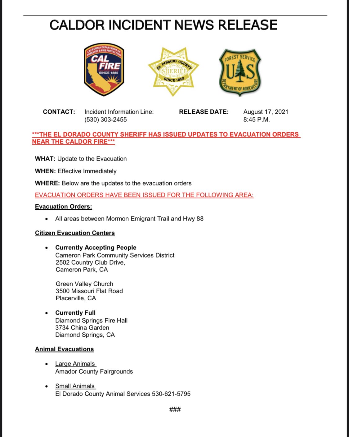 Cal Fire Aeu On Twitter The El Dorado County Sheriff Has Issued Updates To Evacuation Orders Near The Caldor Fire What Update To The Evacuation When Effective Immediately Where Below Are The