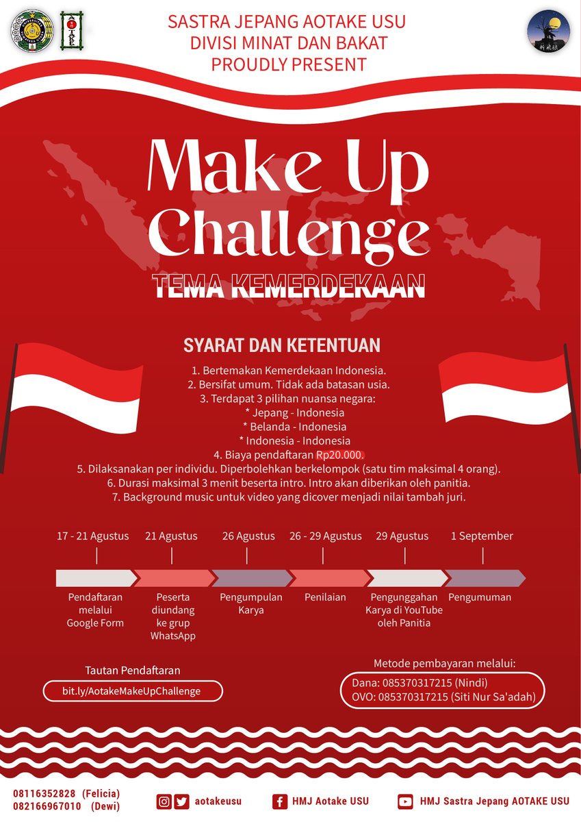 aotakeUSU's tweet photo. Untuk memperingati kemerdekaan Negara Republik Indonesia, kami dari divisi minat dan bakat mempersembahkan perlombaan "MAKE UP CHALLENGE TEMA KEMERDEKAAN" 🇮🇩

Link Pendaftaran: https://t.co/64E1R6X5nO

Narahubung : 
08116352828 (Felicia) 
082166967010 (Dewi) https://t.co/dlYL0y3c56