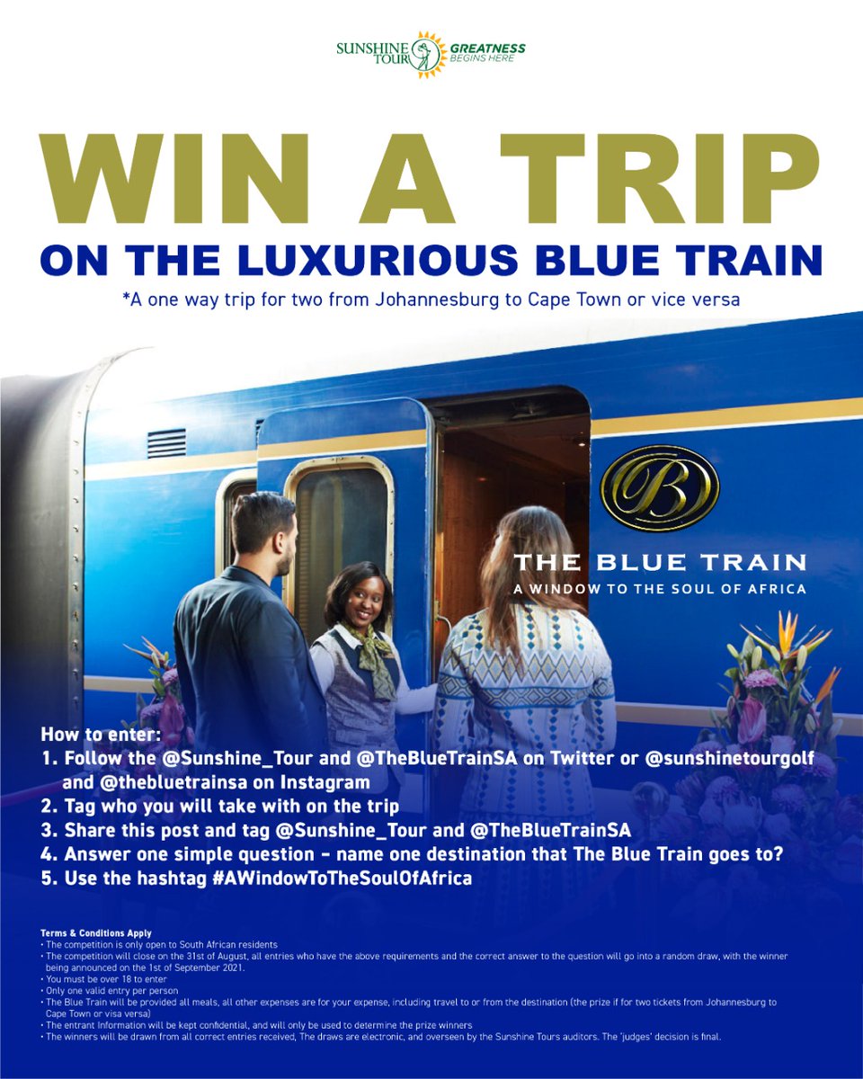 The Blue Train has a team of creative chefs and offers a gourmet menu and the finest South African wines.

Enter our competition to stand a chance to win a trip on the Blue Train.

<a href="/TheBlueTrainSA/">The Blue Train</a>

#AWindowToTheSoulOfAfrica #GreatnessBeginsHere
#TheBlueTrainExperience #LuxuryRail