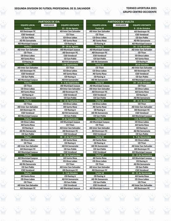 🏆 Vive la pasión de la Segunda División.

Todo está listo para dar el pitazo inicial este próximo Sábado 21 de Agosto.

📅 Compartimos el calendario de juegos de toda la fase regular del Torneo #Apertura2021 

drive.google.com/folderview?id=…