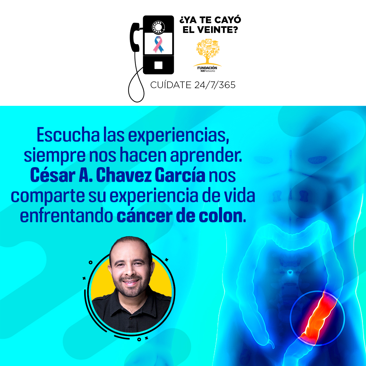 FundacionKIO's tweet photo. Descubre una gran historia de #superación ¿Estás listo para "Ya te cayó el veinte"? Te esperamos este viernes 20 de agosto a las 13:00 hrs. para hablar de #Cáncer de colon. 
#CancerdeColon #Oncología #coloncancer

👉  Regístrate aquí  https://t.co/jREZ0kb9GB https://t.co/8JOIdSdVMc