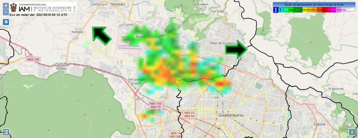 RadarDopplerUdG's tweet photo. 🌦️Se presenta #lluvia moderada a fuerte en zona de #BosqueColomos, #AvAcueducto, #PeriféricoBelenes, #MercadoDelMar, #AvPatriaNorte, #Tránsito y zonas aledañas en #Zapopan y norte de #GDL #AMG #Jalisco.
⚠️Tome las precauciones necesarias 🚙⚠️ https://t.co/8JzXyClYfz