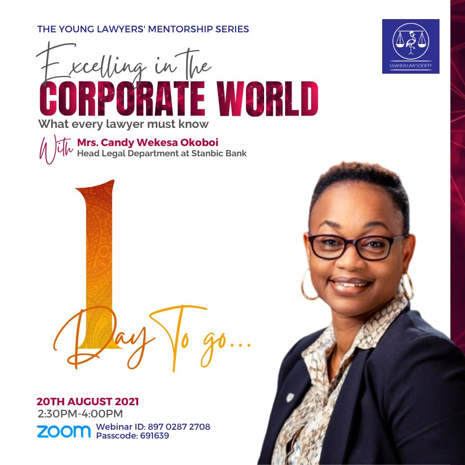 ug_lawsociety's tweet photo. One day left!
Don't miss the Young Lawyers Mentorship Series #Series3 with Ms. Candy Wekesa Okoboi.
#YLMS
@BrianKambaho @odu_mercy @kenethkipaalu https://t.co/OnYwQVo8l4