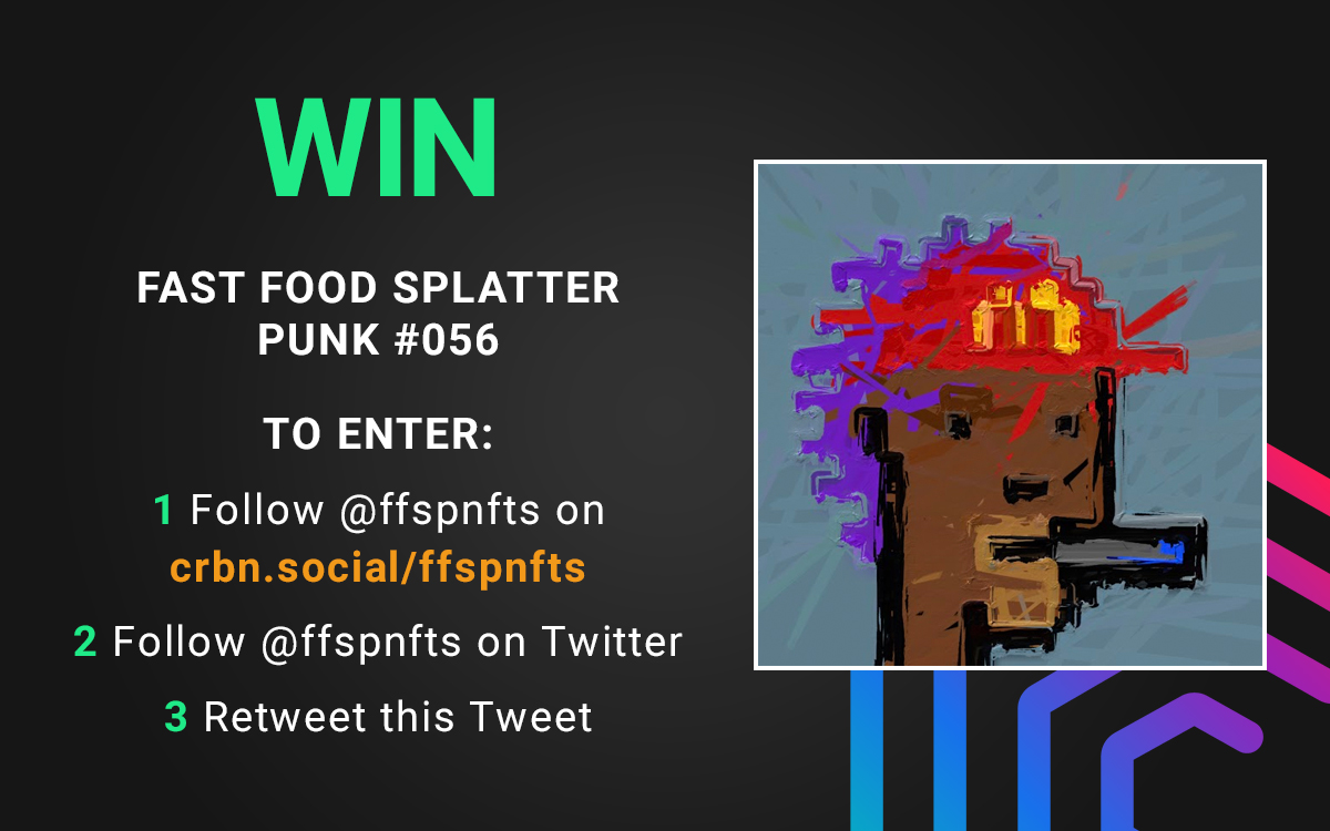crbnio's tweet photo. WIN Fast Food Splatter Punk #56
To enter, follow them at https://t.co/yIyncxUXGA plus on Twitter at @ffspnfts and also retweet this.
Winner drawn on Friday 20th August.
Current floor price on these NFTs is 0.07 ETH (over $200) and rising. Good luck all! #win #competition #nfts https://t.co/X3EA3w7TOO