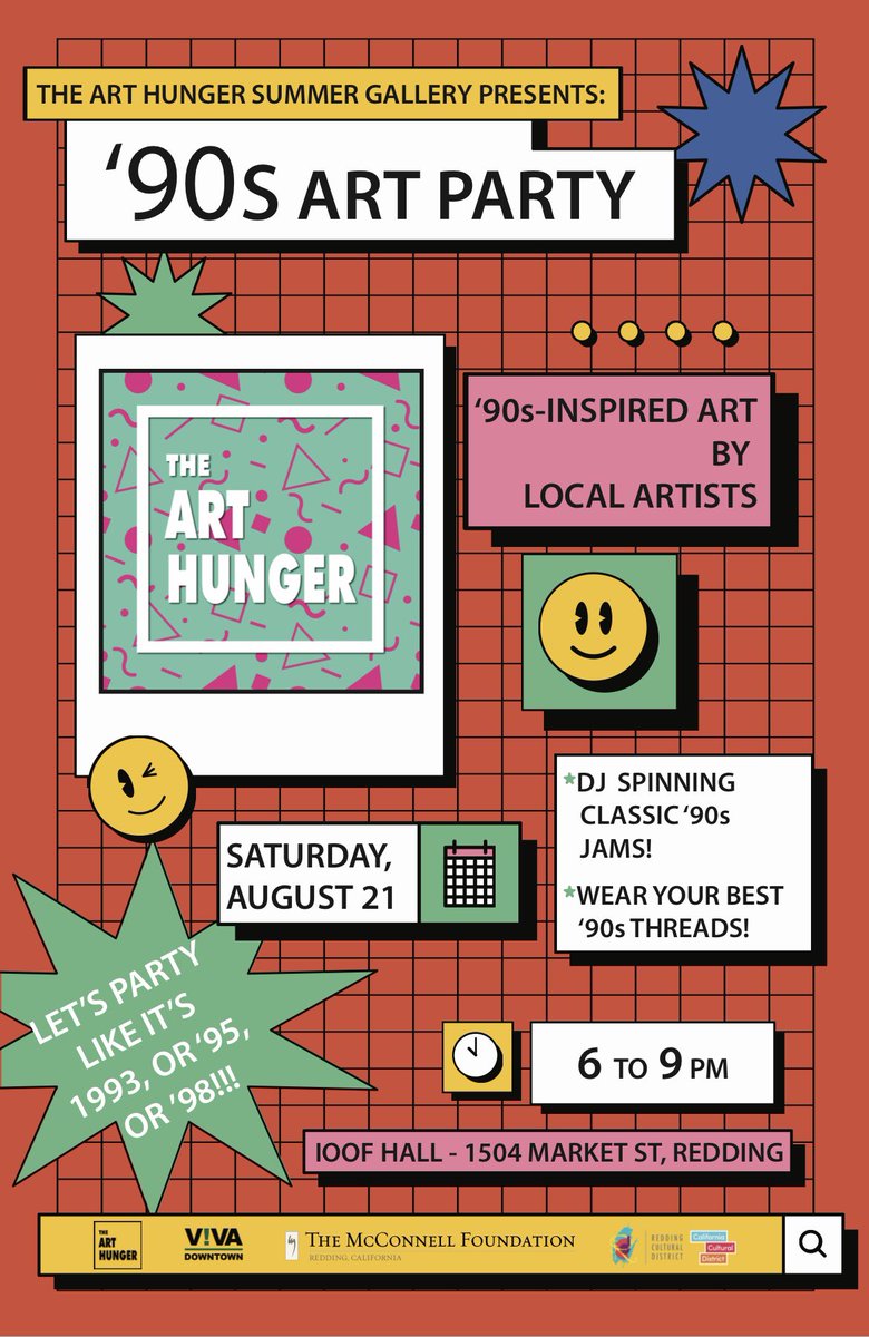 VivaDowntown's tweet photo. The Art Hunger 90’s Art Party! 
Saturday August 21 6- 9 p.m. at The IOOF HALL 1504 Market Street! 
Beer, Wine, Art created by over 65+ local artists, and AIR CONDITIONING! 
Get Jiggy with it and wear your best 90’s gear!! https://t.co/lSBKYjQFFS