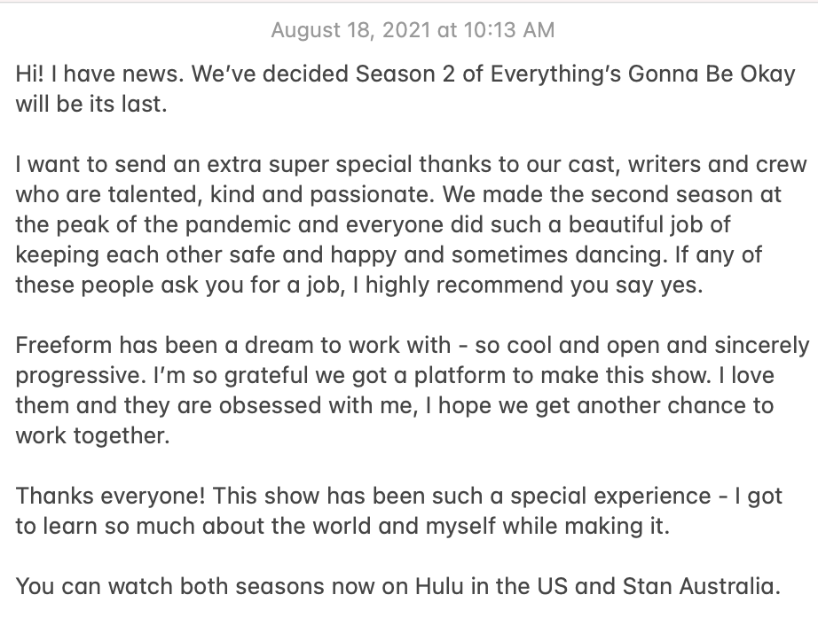 #EverythingsGonnabeOkay announcement.