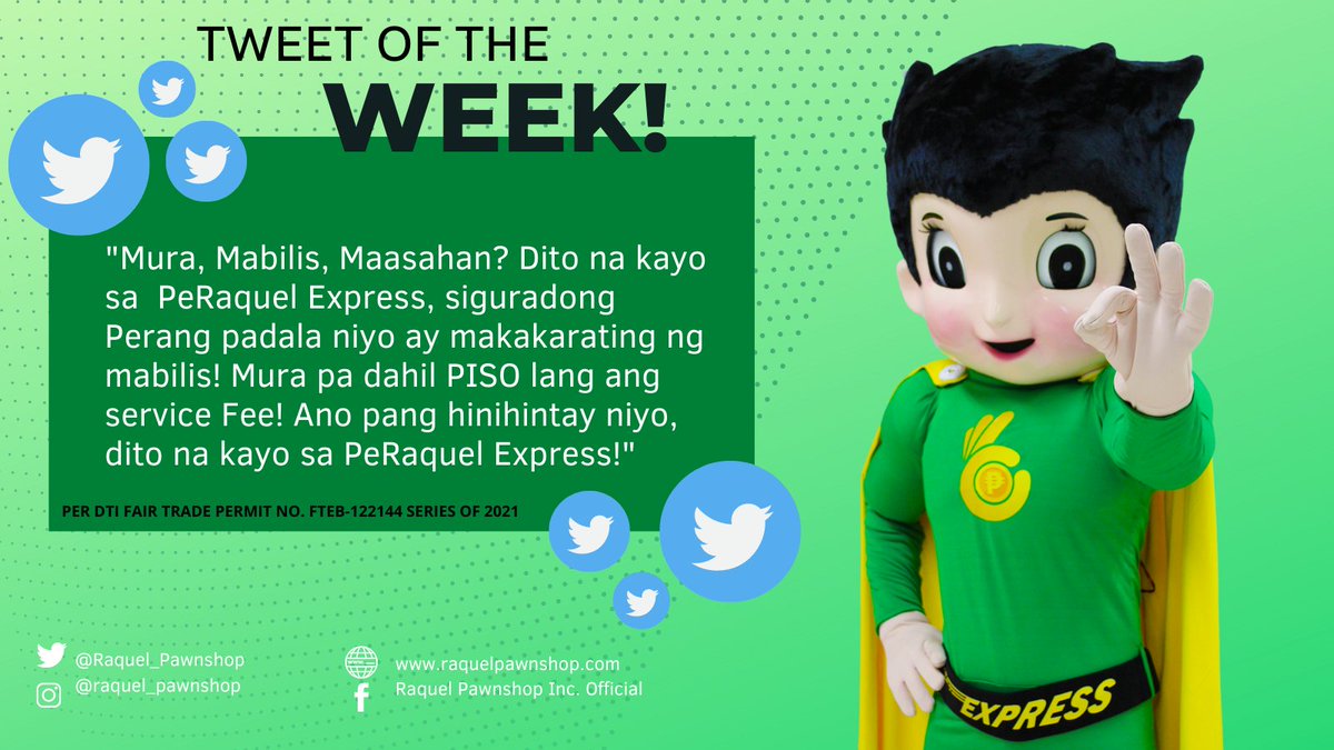 Raquel_Pawnshop's tweet photo. Raquelistas, It's Twitter Wednesday!

Win Prizes in 3 easy steps!

1. Follow RPI Official Twitter Account. (@Raquel_Pawnshop)
2. React to our Twitter Post using “heart” reaction.
3. Retweet the post and mention 3 followers with these 3 simple instructions

#RaquelPawnshop https://t.co/8chkyVftKP