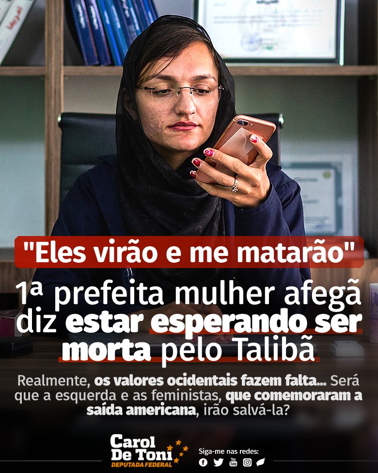 CarolDeToni's tweet photo. ATERRADOR!

A primeira prefeita mulher do Afeganistão, Zarifa Ghafari, afirma estar à espera da morte, após o grupo terrorista Talibã recuperar o controle do país. 

“Estou sentada aqui esperando que eles venham. Não há ninguém para ajudar a mim ou à minha família. ⤵️ https://t.co/Fz0fgwsOVn