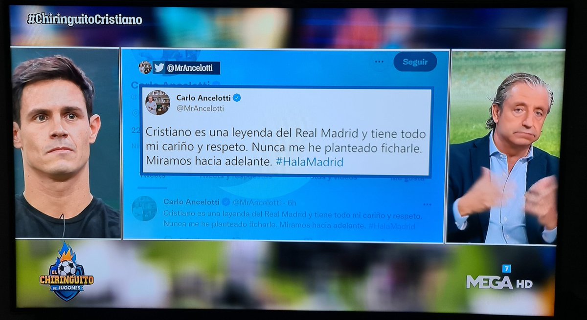 kegente's tweet photo. @EduAguirre7 aseguró que @MrAncelotti dijo al entorno d @Cristiano que quiere q vuelva al Madrid, y ahora que @MrAncelotti eso no puede negarlo, mientras en pantalla se ve el tuit q @MrAncelotti había puesto 11 horas antes!! negándolo
#tomaya #rigor #claroquesíguapi #podriodismo https://t.co/7H3t7YexOA