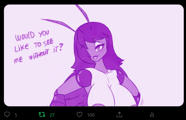 BugzillaKun's tweet photo. Oh well you did it your naughty horny people!
Retweet it please! Lets go to 1K followers!
#NSFW #hentai #lewd #Buggirls #furryart https://t.co/70tfa6nkt7