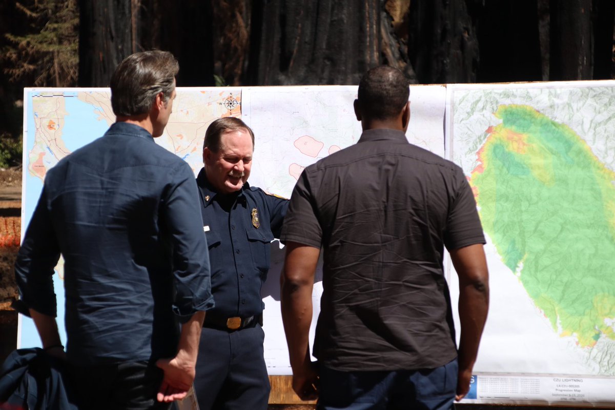 CAgovernor's tweet photo. A day after the 1-year anniversary of the CZU Lightning Complex at Big Basin, Gov. @GavinNewsom, @EPAMichaelRegan, &amp; @FEMARegion9 Administrator Robert Fenton Jr. discussed efforts to tackle the climate crisis &amp; collaborate on wildfire recovery to support communities across CA. https://t.co/qw4JmBfg6H