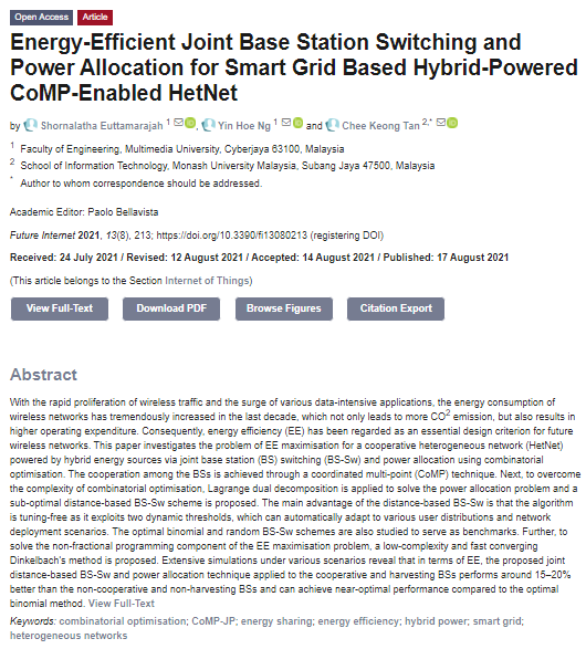 FutureInternet6's tweet image. A new paper published by Chee Keong Tan et al. from Malaysia.
Energy-Efficient Joint Base Station Switching and Power Allocation for Smart Grid Based Hybrid-Powered CoMP-Enabled HetNet
#combinatorialoptimisation
#smartgrid
#heterogeneousnetworks
mdpi.com/1999-5903/13/8…