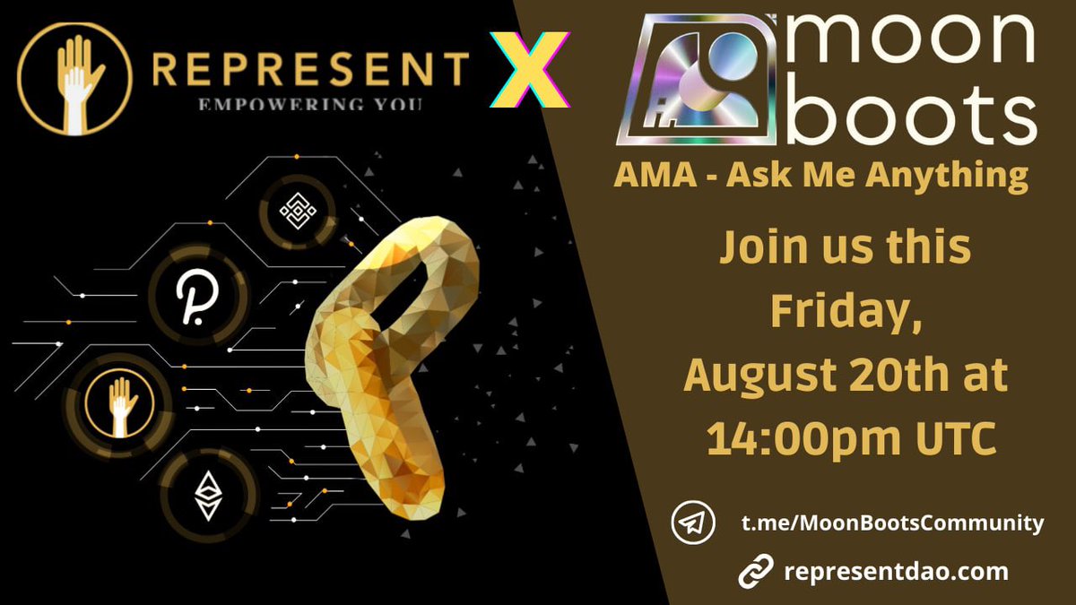 📣📣MoonBoots #AMA with @representdao 

⏰: FRIDAY AUG 20th @ 14:00 UTC

📍: t.me/MoonBootsCommu…

🤑: Win $ for Best Questions

#RPT $BTC $ETH #crypto #blockchain