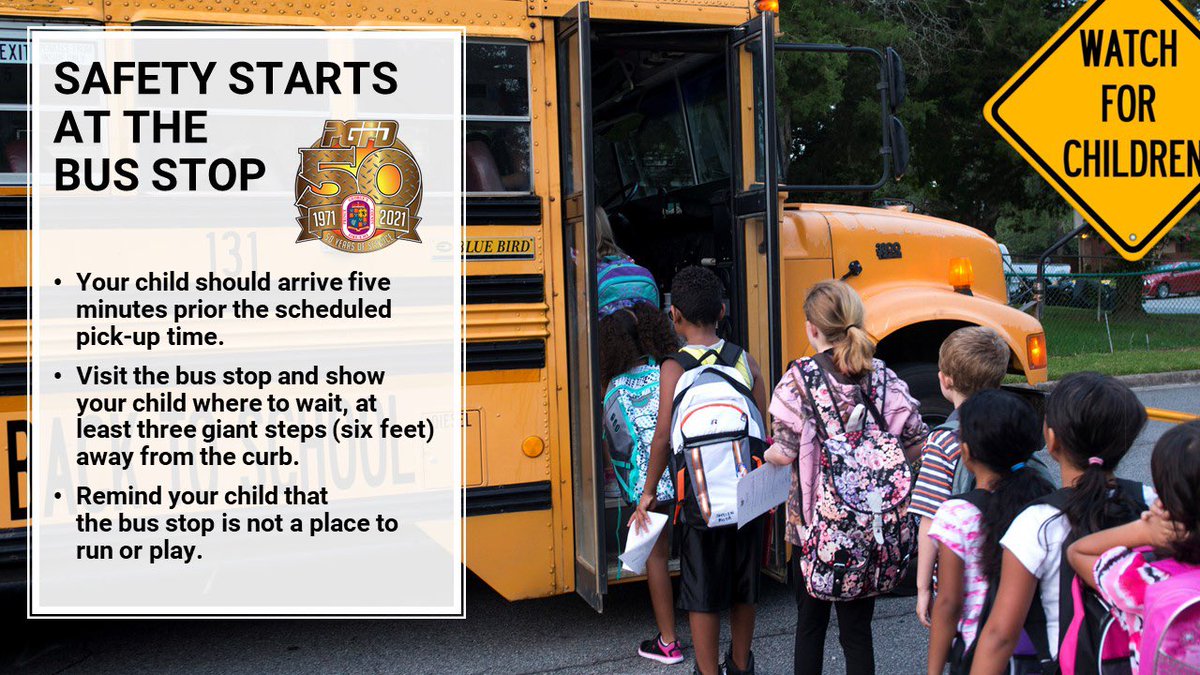 PGFDNews's tweet photo. When our kids ride the bus to & from school, the greatest danger isn’t during their ride, it’s getting on & off at the bus stop. Teach your kids traffic safety & follow these #PGFD “50 Days of Safety” tips to help keep their bus stop safe! #FiftyDaysofSafety https://t.co/p1TjkOBftJ
