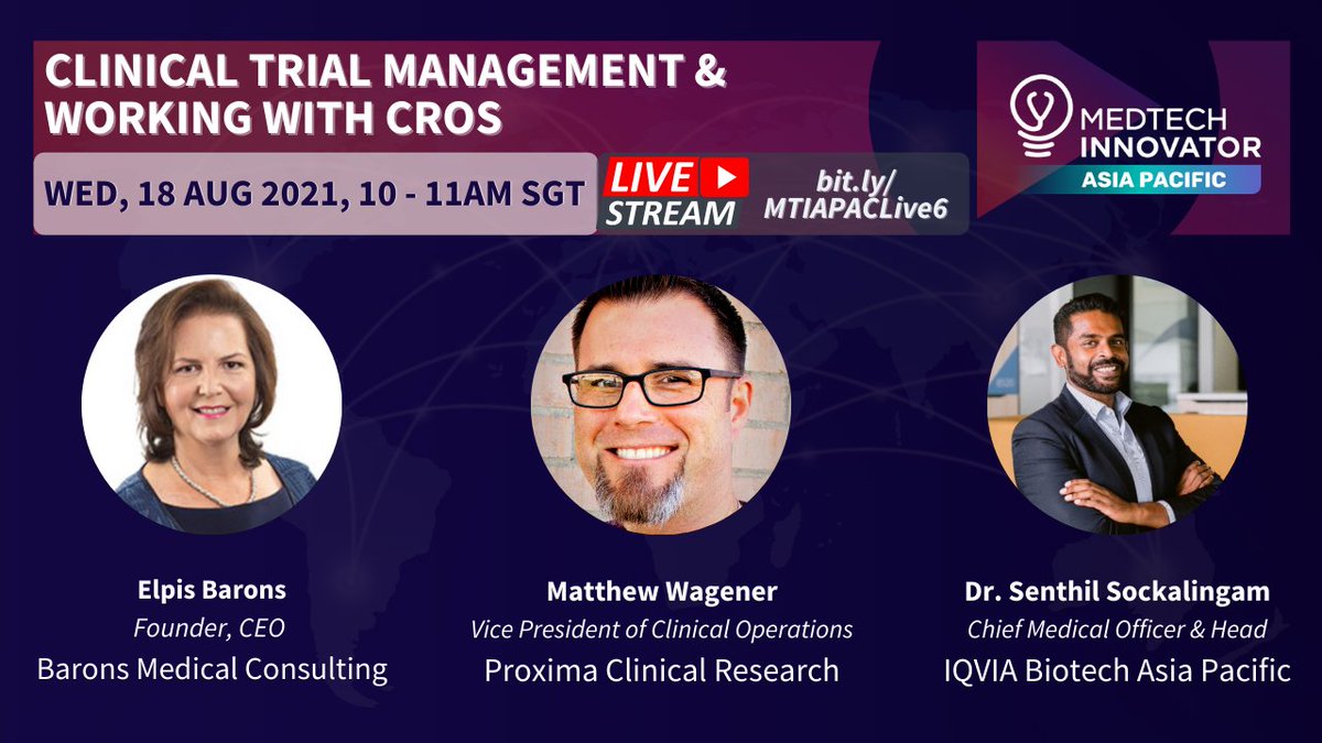 MedTechAwards's tweet photo. In 30 minutes #MTIAPAC is going LIVE with Matthew Wagener, Dr. Senthil Sockalingam, and Elpis Barons. Join us for insights on clinical trial management and working with CROs.
LIVE link: https://t.co/vtYHCdzjxF https://t.co/jAkQUBvQ4y