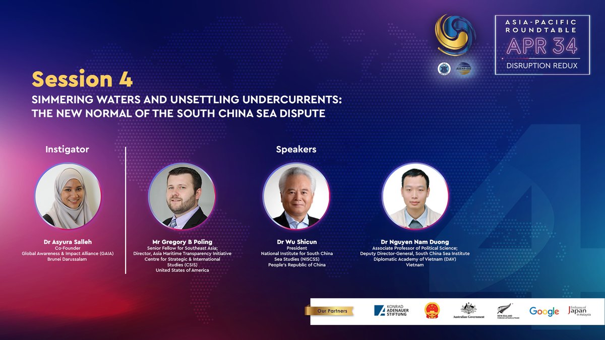 ISIS_MY's tweet photo. Session 4 - Simmering waters and unsettling undercurrents: The new normal of the South China Sea dispute will begin shortly. Hear experts discuss the impact of the pandemic on ASEAN and its claimant states. #34APR https://t.co/TfOP1fpI8J