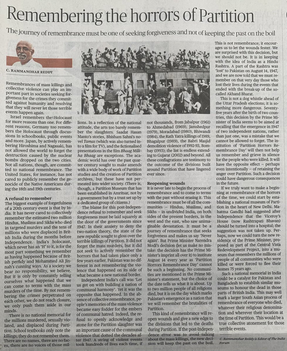 ramreddy's tweet photo. My piece in ⁦@the_hindu⁩ today on why we must remember those murdered during #Partition but why Modi’s “Horrors of Partition” day of 14 August will have dangerous consequences. https://t.co/yXxkg7kuG3