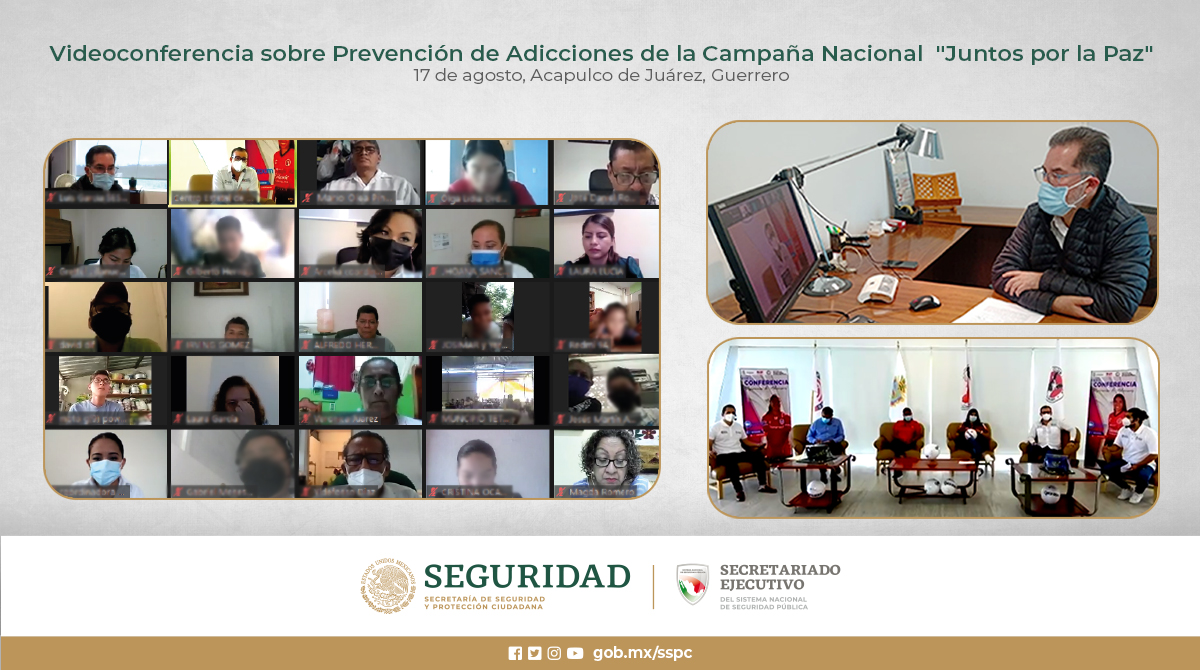 SESNSP's tweet photo. El #SESNSP participó en la videoconferencia sobre #PrevenciónDeLasAdicciones de la campaña nacional #JuntosPorLaPaz, en el Estado de #Guerrero. Esta conferencia tuvo como objetivo desalentar las #Addiciones entre la #Juventud, como un factor generador de #Violencia. https://t.co/0Di0tGfAOB