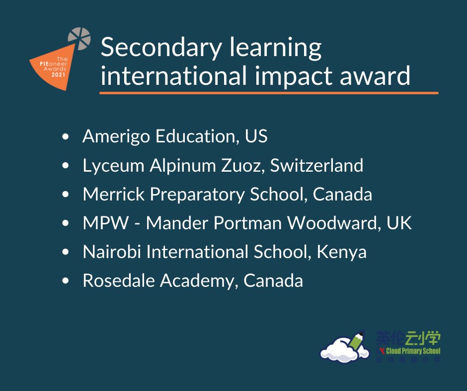 Congratulations to the official Secondary learning international impact award finalists sponsored by <a href="/UKCloudPrimary/">UK Cloud Primary School</a> 👏

Join us in celebrating The PIEoneer Awards 2021! Follow the link to get your tickets 👉 bit.ly/PIEoneers21-ti…

#PIEoneers21