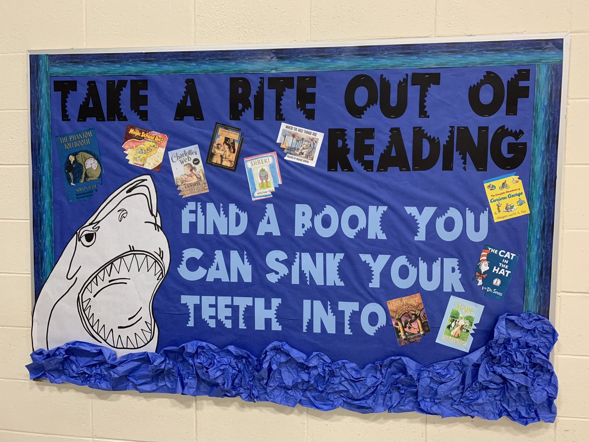 Shoutout to @MsKatieMeyer for helping me create this beautiful bulletin board in the cafeteria! Excited to see all of our Schafer Sharks tomorrow morning!! 🦈