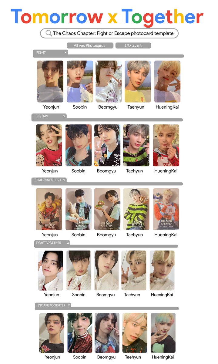 txtscart's tweet photo. (better quality) 
TOMORROW X TOGETHER: The Chaos Chapter: Fight or Escape PHOTOCARD TEMPLATE 

투모로우바이투게더 투바투  리팩키지  포카 리스트
#TXT #TOMORROW_X_TOGETHER #투모로우바이투게더 #YEONJUN #SOOBIN #BEOMGYU #TAEHYUN #HUENINGKAI 
HD File link: https://t.co/Pj7tAwLv12 https://t.co/86whEfHj1u