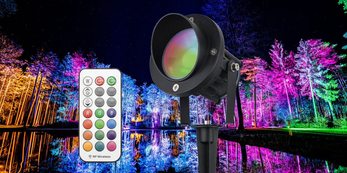 JayLumiLighting's tweet photo. Add a little color to your outdoor decorations for the holidays. Introducing J.LUMI GBS9609 LED RGB spotlight with remote control. Only $22.99 on Amazon https://t.co/48BfooeXEj https://t.co/lY0QB0j6bC