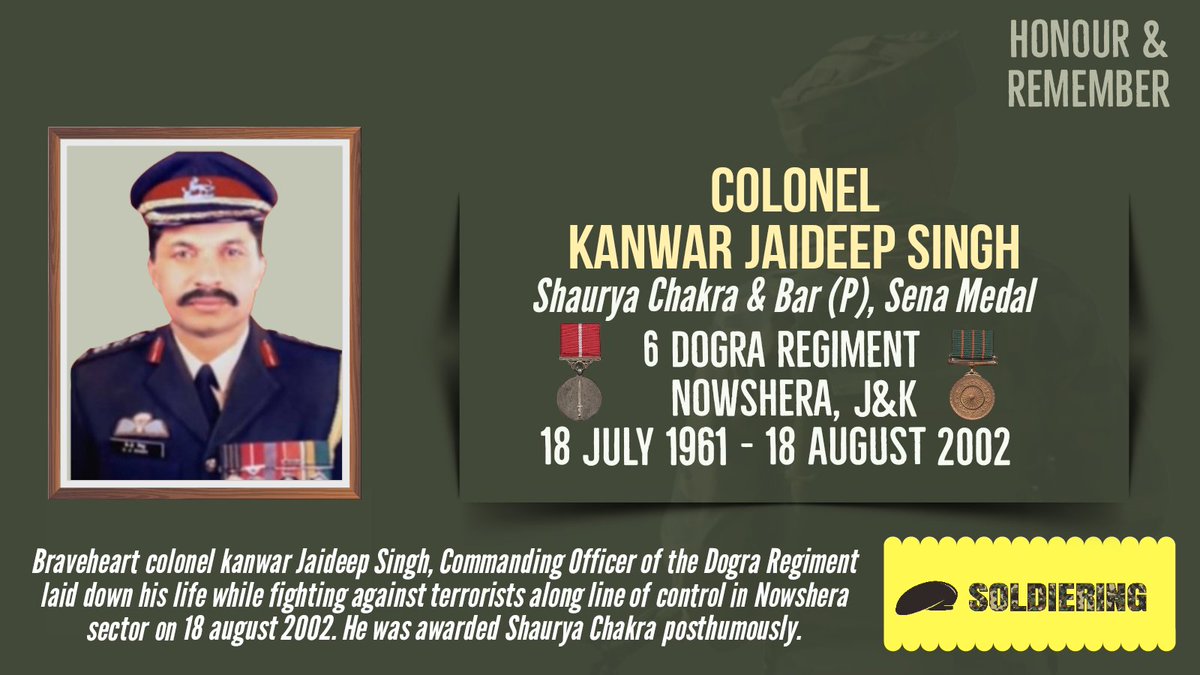 Today, we honour and remember #Braveheart Col Kanwar Jaideep Singh, #ShauryaChakra & Bar (P), #SenaMedal, CO of  #DograRegiment who made the ultimate sacrifice fighting against terrorists in the #Nowshera of J&K on 18 August 2002. The nation will never forget his bravery. @adgpi