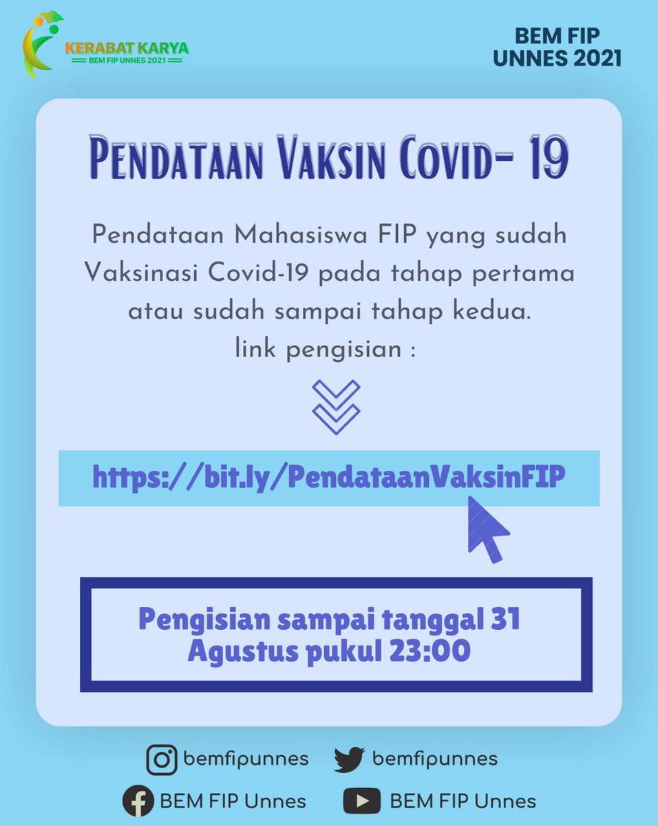 Pendataan bagi mahasiswa FIP yang sudah melakukan vaksinasi baik dosis pertama ataupun sudah sampai dosis kedua.
Silahkan teman-teman yg sudah melakukan vaksinasi dapat mengisi link pendataan dibawah ini : 

bit.ly/PendataanVaksi…

Ditunggu sampai tanggal 31 Agustus 2021  23.00.