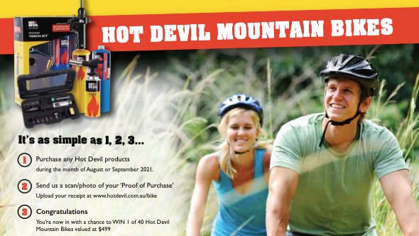 TheTRADIE's tweet photo. The perfect ISO present for you or someone else. Valued at $499...these bikes are A-Grade!
Simply purchase any hot devil products in the months of August or September. QR code for entry is in our magazine. Download your copy at https://t.co/GxySjeRdg4 https://t.co/TTqainCiid