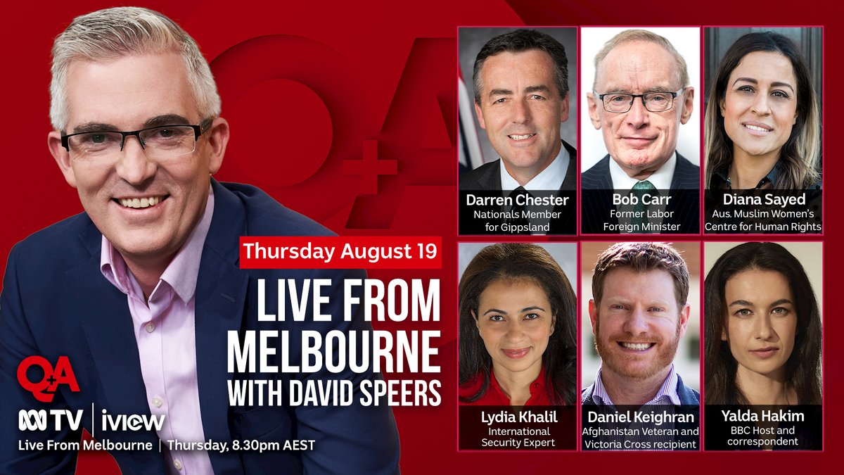 QandA's tweet photo. Tonight, David Speers hosts #QandA live from Melbourne with @DarrenChesterMP, @bobjcarr, @DsSayed, @arcanakhalil, @DanKeighranVC, and @BBCYaldaHakim joining the panel. Tune-in at 8.30pm AEST on @ABCTV and iview https://t.co/nkPR8BsJzA