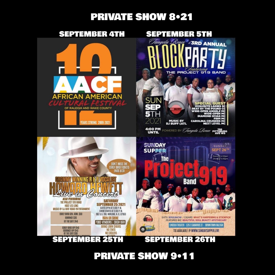 theproject919's tweet photo. Upcoming shows:
8•21 - Private
9•4 - African American Cultural Festival 
9•5 - Block Party (Winston Salem)
9•11 - Private
9•25 - Howard Hewett (Norlina at The Deck Entertainment Complex)
9•26 - Sunday Supper Live at The Lincoln Theater (Raleigh) 
 #booked #theproject919band https://t.co/GjqH3TrdqO