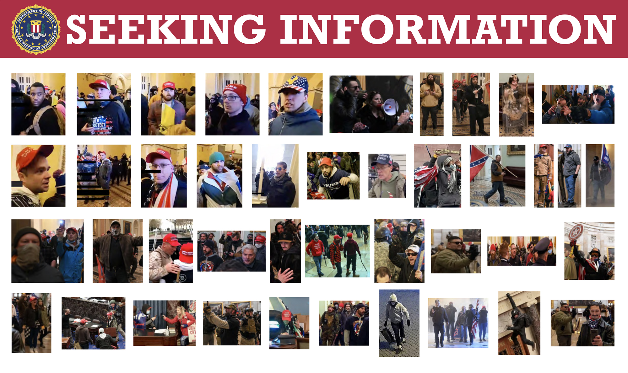 Collage of persons who committed violence at the U.S. Capitol on January 6, 2021. The FBI is seeking information on these people and others, many of which can be viewed at FBI.gov/capitolviolence.