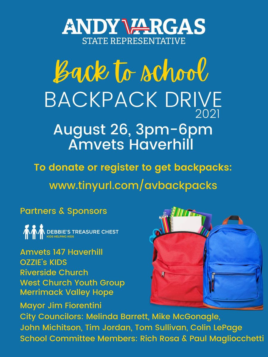 VoteRichRosa's tweet photo. Back to school backpack drive. #HaverhillCan #ThisIsHaverhill https://t.co/K6W5NOpaQT