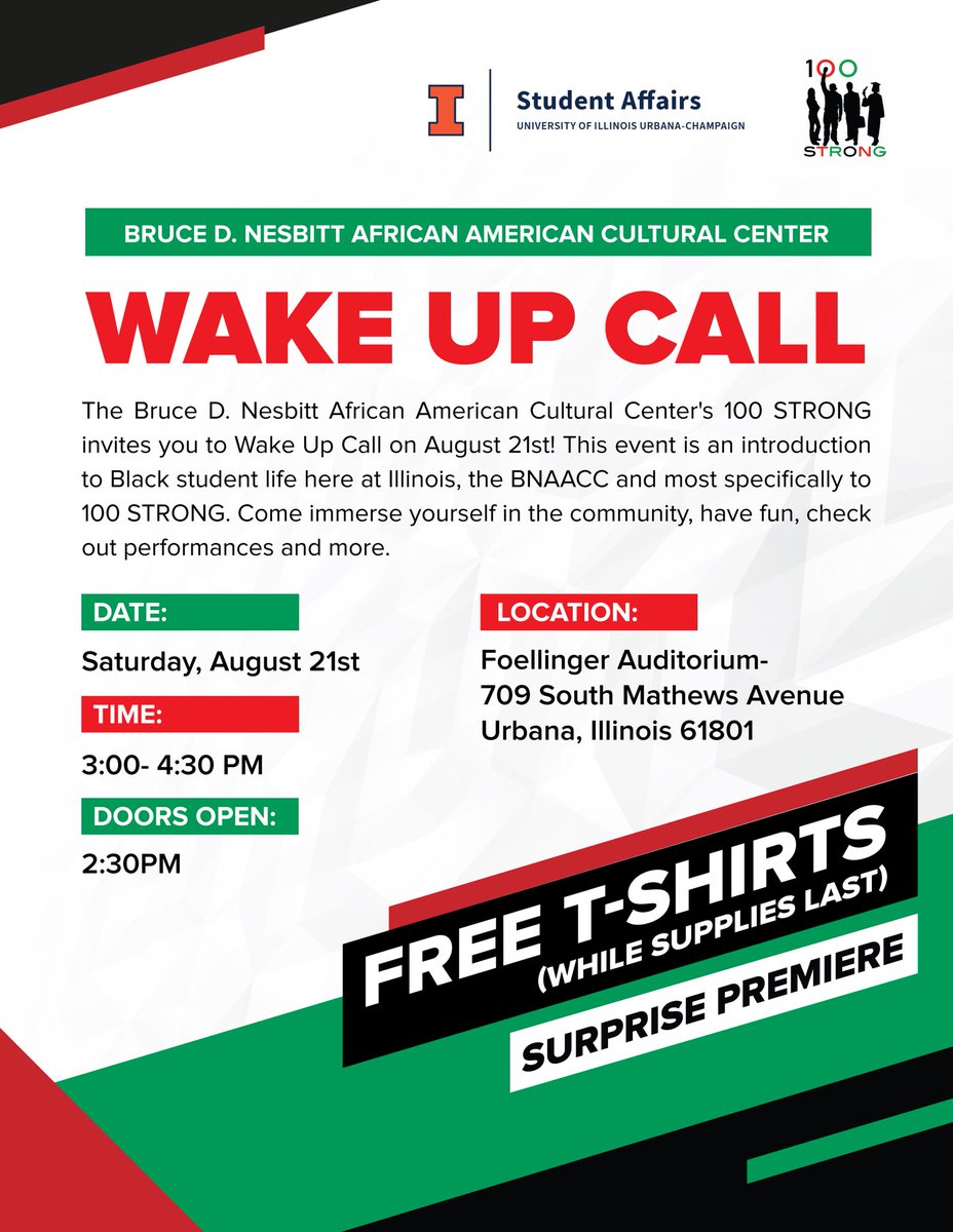 bnaacc_illinois's tweet photo. It’s back and better than ever! Join us and @WeAre_100STRONG  this Saturday, August 21st for WAKE UP CALL 🗣!!! Swipe to learn more! https://t.co/HdYmA6cxEX