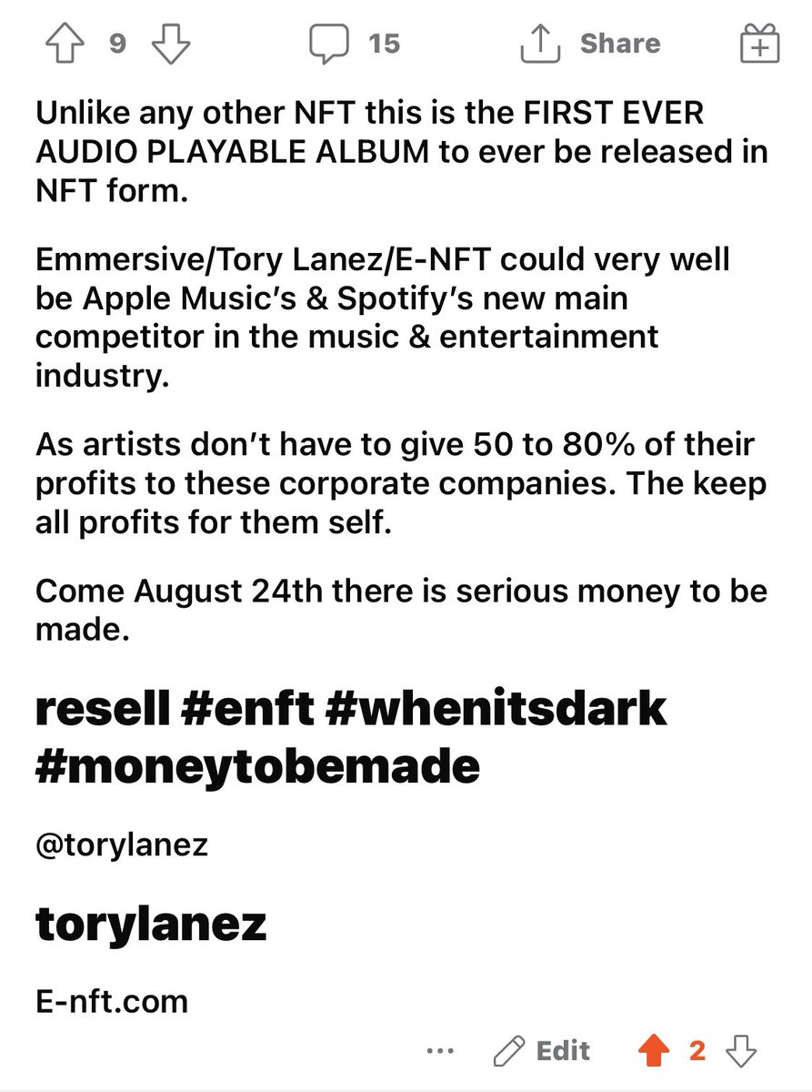 Tweets2Adam's tweet photo. Read the pictures.
#repost #enft #nft #torylanez #money #crypto #resell
#Bitcoin 
#etherium
#blockchain
@torylanez @Emmersiveent
https://t.co/nvmuUmj0iH
August 24th. https://t.co/r2OK1clvM6