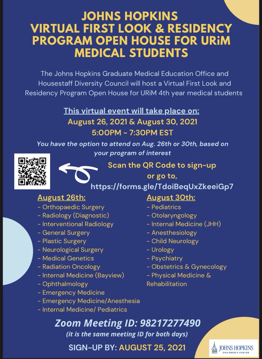 Marquita Genies (@mgenies1) on Twitter photo The Johns Hopkins Graduate Medical Education Office and Housestaff Diversity will host a Virtual First Look and Residency Program Open House for URiM 4th year medical students!
Use the link on the flyer or QR code to learn more and sign up!
<a href="/SNMA/">Student National Medical Association, Inc (SNMA)</a> @LMSA_National <a href="/jh_hsdc/">House Staff Diversity Council</a> The Johns Hopkins Graduate Medical Education Office and Housestaff Diversity will host a Virtual First Look and Residency Program Open House for URiM 4th year medical students!
Use the link on the flyer or QR code to learn more and sign up!
<a href="/SNMA/">Student National Medical Association, Inc (SNMA)</a> @LMSA_National <a href="/jh_hsdc/">House Staff Diversity Council</a>
