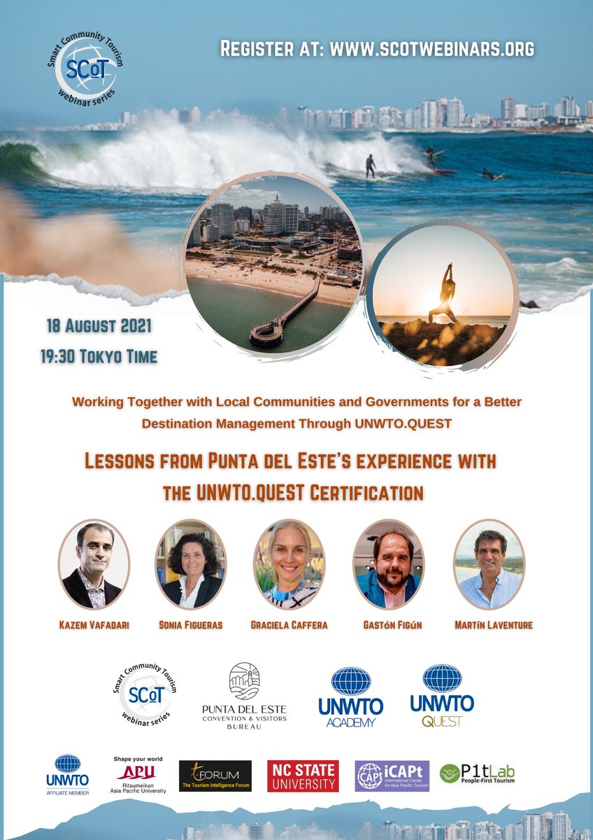 UNWTOAcademy's tweet photo. . 📢Webinar New Date
Due to force majeur, the #SCoTwebinars on lessons from @BureauPunta’s experience with the #UNWTOQUEST Certification is postponed.
🗓️ August 30 👈
⏰ 19:30 Tokyo time
Looking forward to meeting you soon! https://t.co/FuRqUlWGxG