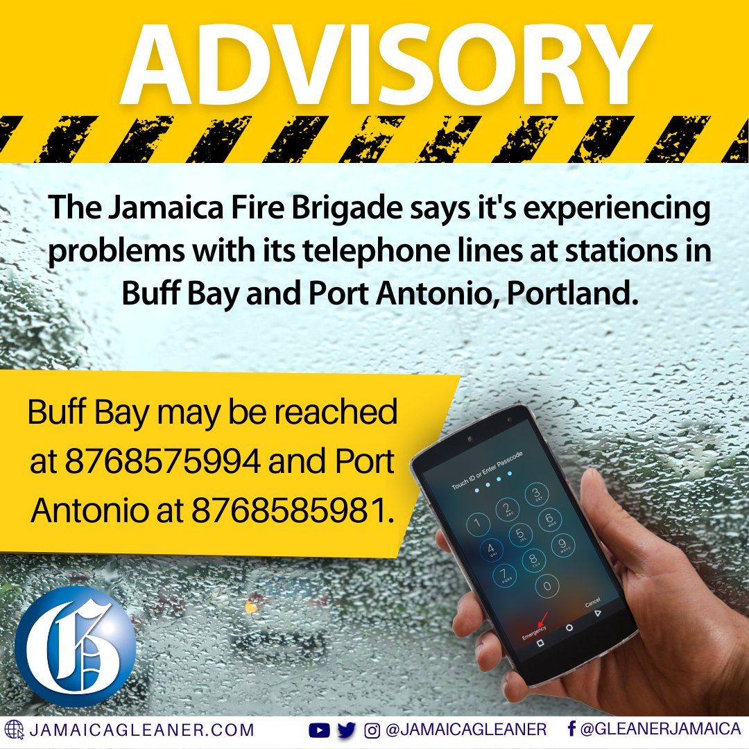 JamaicaGleaner's tweet photo. #TrackingGrace: The Jamaica Fire Brigade says it's experiencing problems with its telephone lines at stations in Buff Bay and Port Antonio, Portland. The Buff Bay station may be reached at 8768575994 while the Port Antonio station can be contacted at 8768585981. #GLNRToday https://t.co/Z1gvZOgLh7